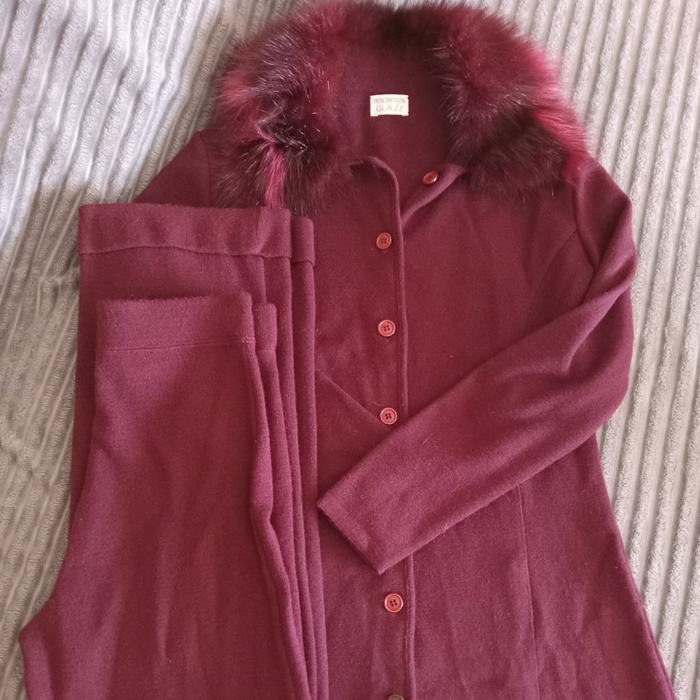 Free Shipping Inscripcion Glacee Viscose Faux fur lapel button up Sweater+Pants